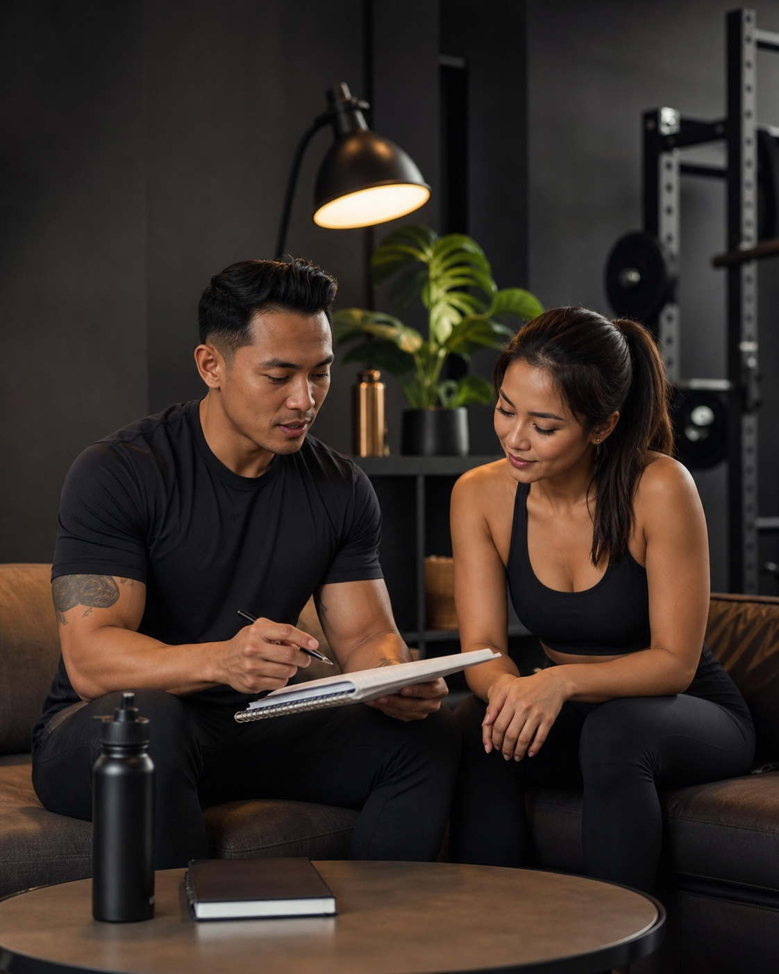 Pelatih BIGHOKI CORE membahas rencana latihan dan nutrisi bersama klien
