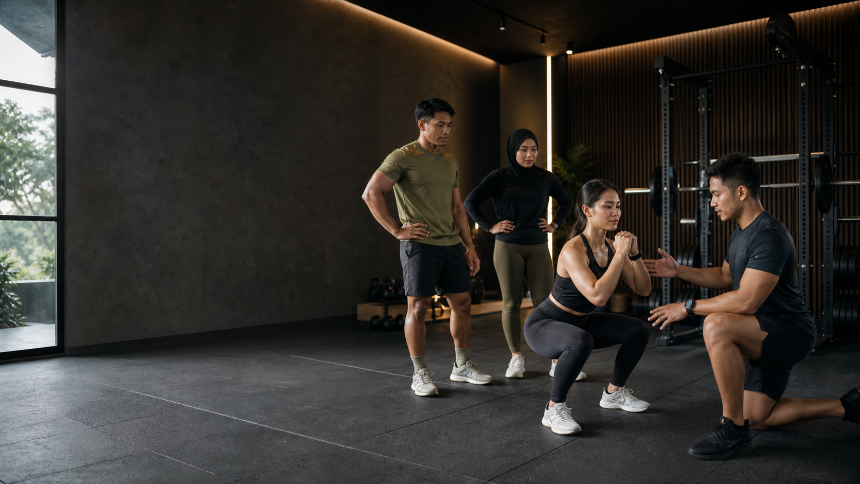 Sesi coaching kekuatan BIGHOKI CORE di studio latihan premium